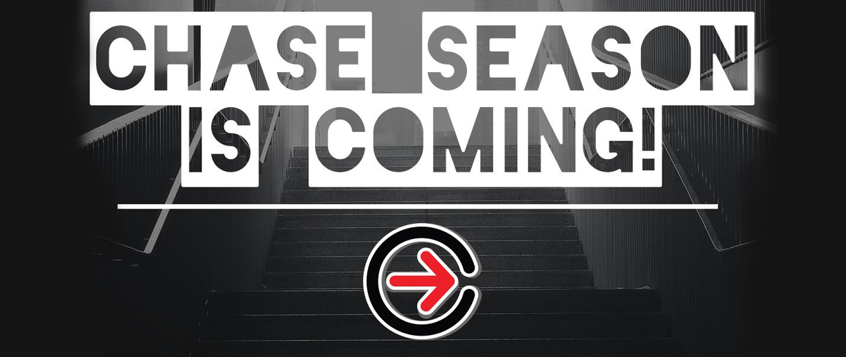 Image of City Chase logo superimposed over a dark stairwell with the text, 'chase season is coming'