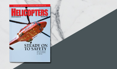 Helicopters magazine cover with belly of Ornge AW139