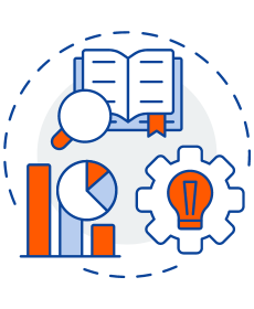 Illustration of research and analytics icons including an open book, magnifying glass, charts, and a gear with a lightbulb.