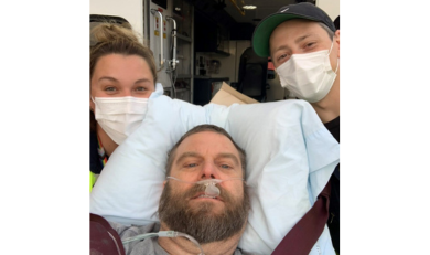 Barry with Ornge paramedics, Trisha and Jeff.