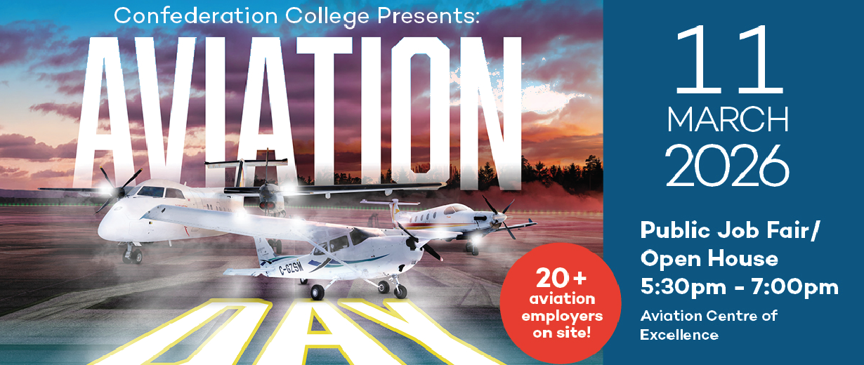 Graphique promotionnel pour la Journée de l'aviation du Collège Confederation présentant trois avions sur une piste, les détails de l'événement du 11 mars 2026 et une note sur la présence de plus de 2