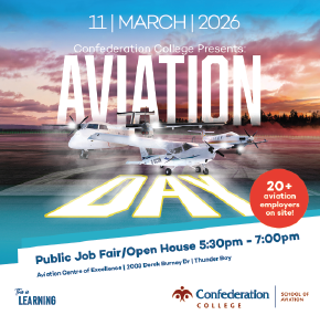 Promotional graphic for Confederation College Aviation Day featuring three aircraft on a runway, event details for March 11, 2026, and a note about 20 plus aviation employers on site.
