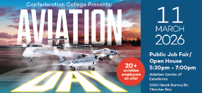 Graphique promotionnel pour la Journée de l'aviation du Collège Confederation présentant trois avions sur une piste, les détails de l'événement du 11 mars 2026 et une note sur la présence de plus de 20 employeurs du secteur de l'aviation sur place.