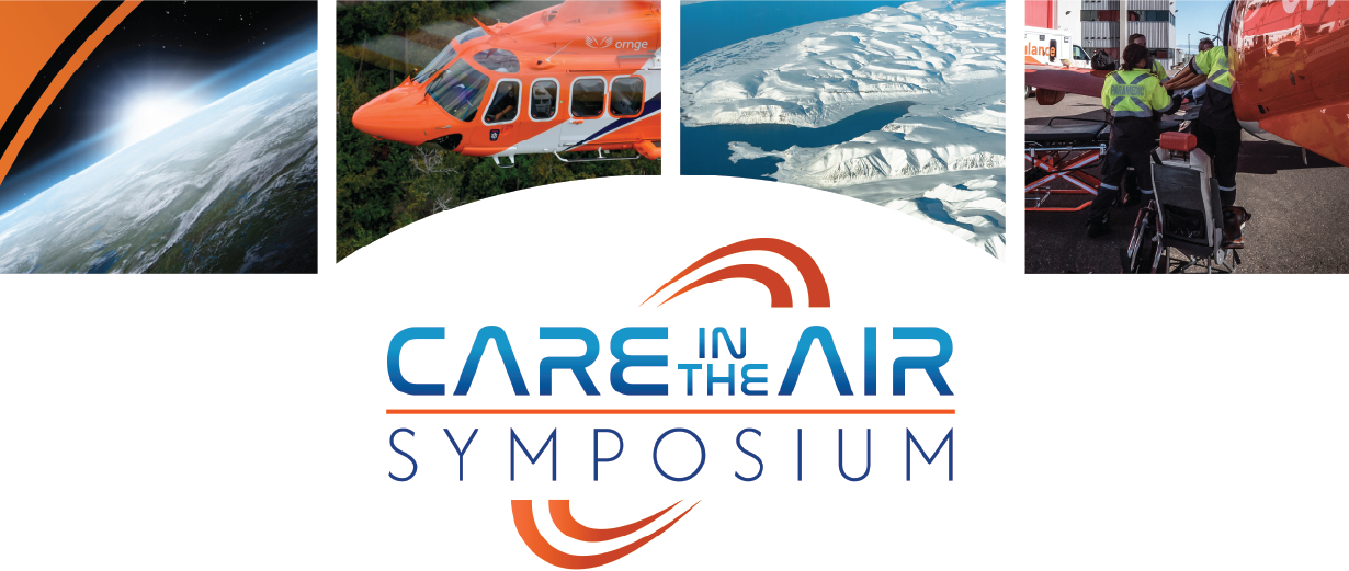 Care in the Air Symposium logo with images of Earth, an orange air ambulance, snowy terrain, and patient transport.