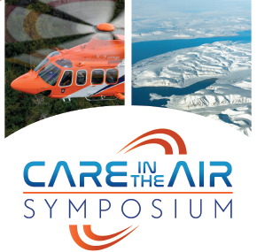 Care in the Air Symposium logo with images of Earth, an orange air ambulance, snowy terrain, and patient transport.