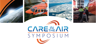 Care in the Air Symposium logo with images of Earth, an orange air ambulance, snowy terrain, and patient transport.