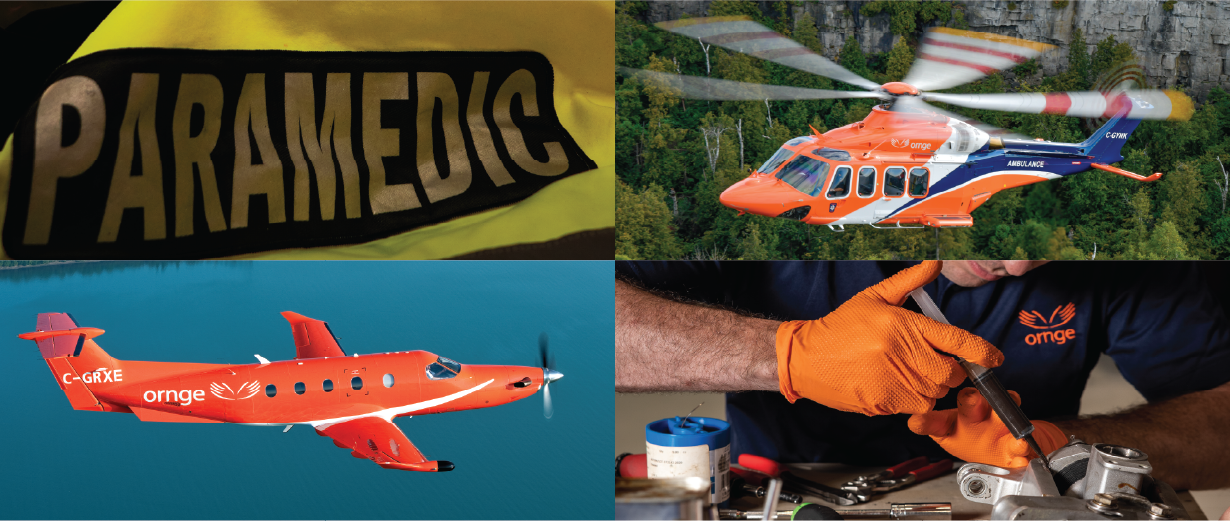collage of four images with a paramedic jacket, orange helicopter and plane, and an AME working