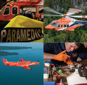 collage of four images with a paramedic jacket, orange helicopter and plane, and an AME working