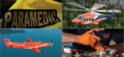 collage of four images with a paramedic jacket, orange helicopter and plane, and an AME working
