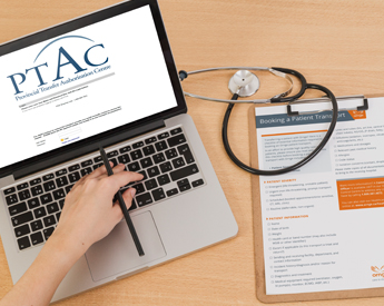 Image of Healthcare Partner on Laptop with PTAC screen and Clipboard with a Booking Patient Transport Form