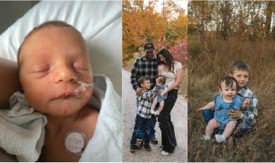 A collage of three photos. The first photo shows a newborn wrapped in a white blanket. The second photo features a family standing outdoors. The third photo shows two young children sitting together in a grassy field.