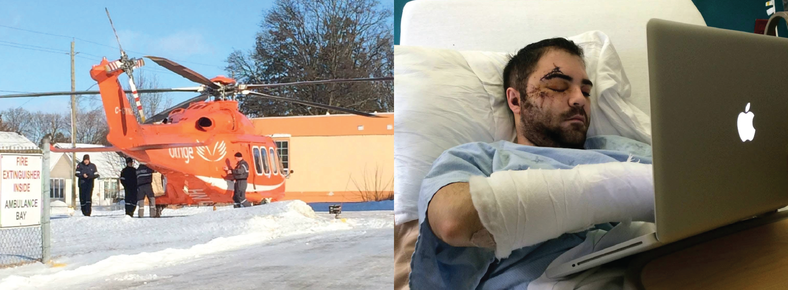 Un hélicoptère orange sur un héliport recouvert de neige et un patient dans un lit d'hôpital avec un plâtre sur le bras et un ordinateur portable