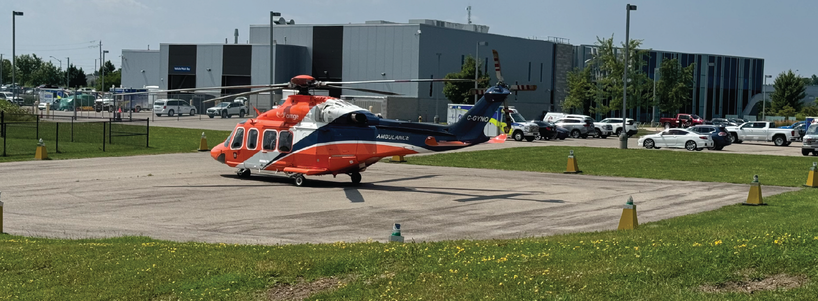 An Ornge helicopter on the York Region Paramedic Services Headquarters helipad.