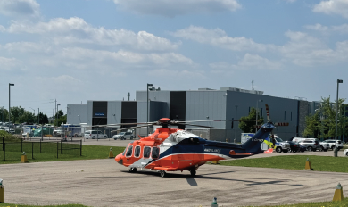 An Ornge helicopter on the York Region Paramedic Services Headquarters helipad.