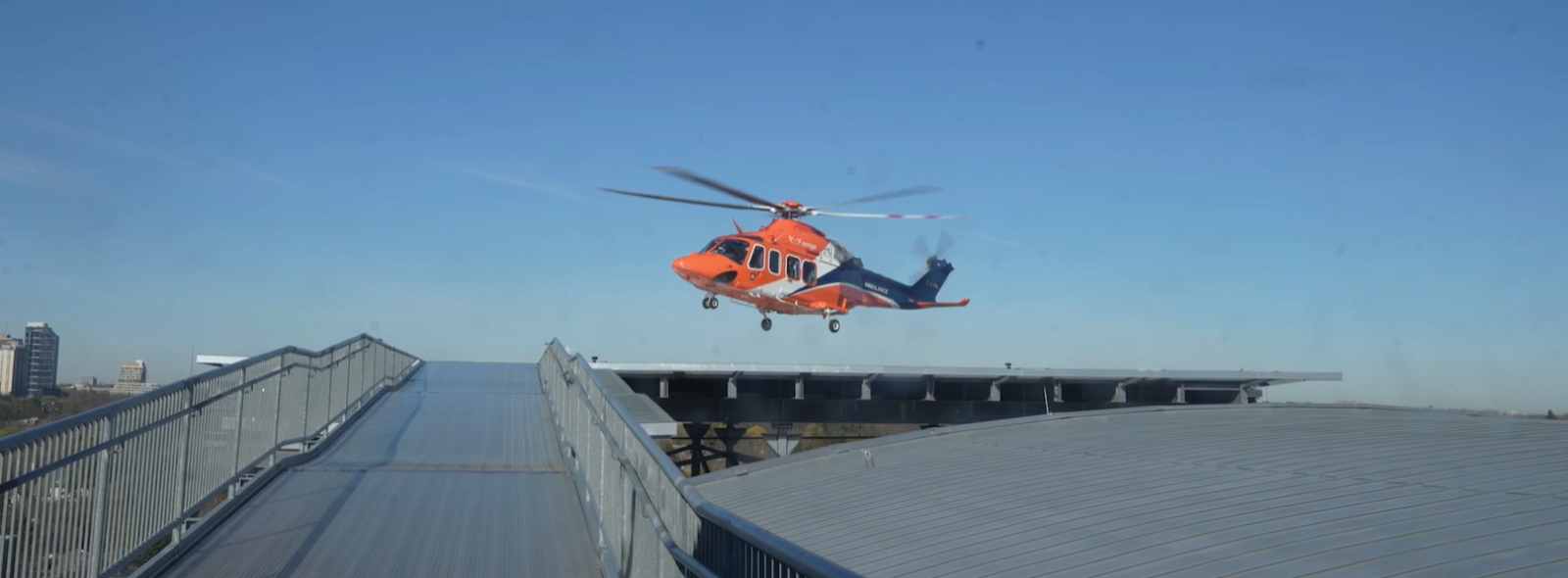 An Ornge helicopter landing on Sunnybrook's helipad.