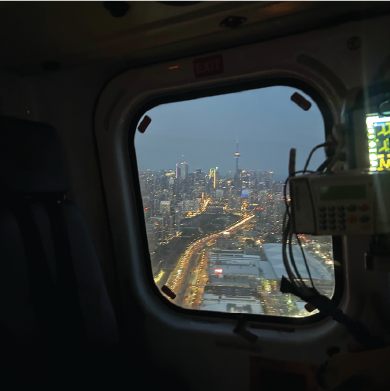 The Toronto skyline seen from inside a helicopter