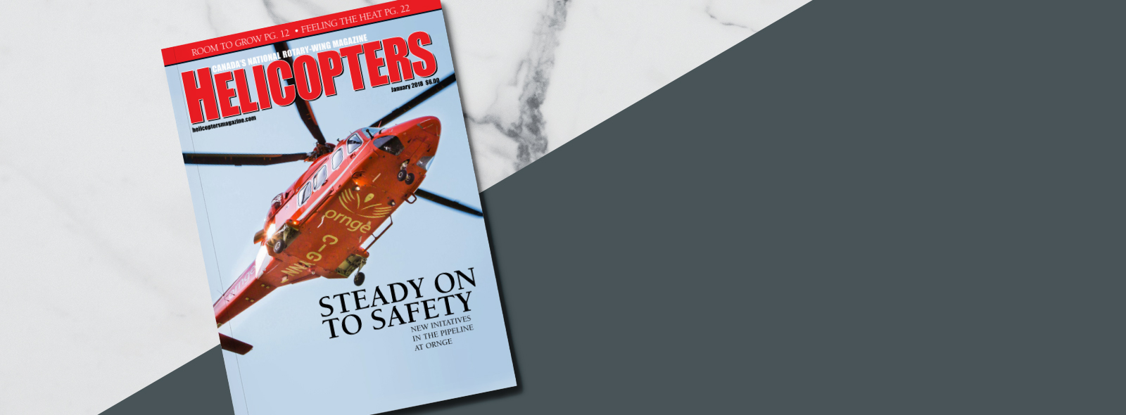 Couverture de magazine Helicopters avec le ventre d'Ornge AW139