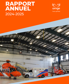 Couverture du rapport annuel 2024-2025 d'Ornge : un hangar avec un hélicoptère, une ambulance et un avion. La partie supérieure présente un fond orange avec le texte blanc « Rapport annuel 2024-2025 »