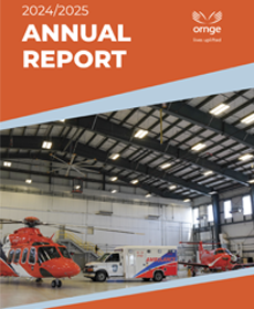 Cover of Ornge’s 2024/2025 Annual Report featuring a hangar with a helicopter, ambulance, and plane. The top section has an orange background with white text that reads “2024/2025 Annual Report” along