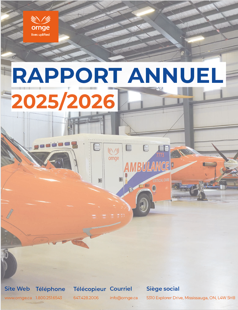 Couverture du rapport annuel 2025-2026 d'Ornge : un hangar avec un hélicoptère, une ambulance et un avion. La partie supérieure présente un fond orange avec le texte blanc « Rapport annuel 2024-2025 »